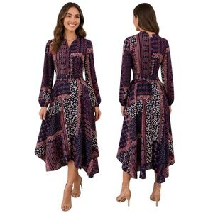 Vince Camuto Mixed Print Midi Dress | Belted High Low Paisley Floral | Size 6